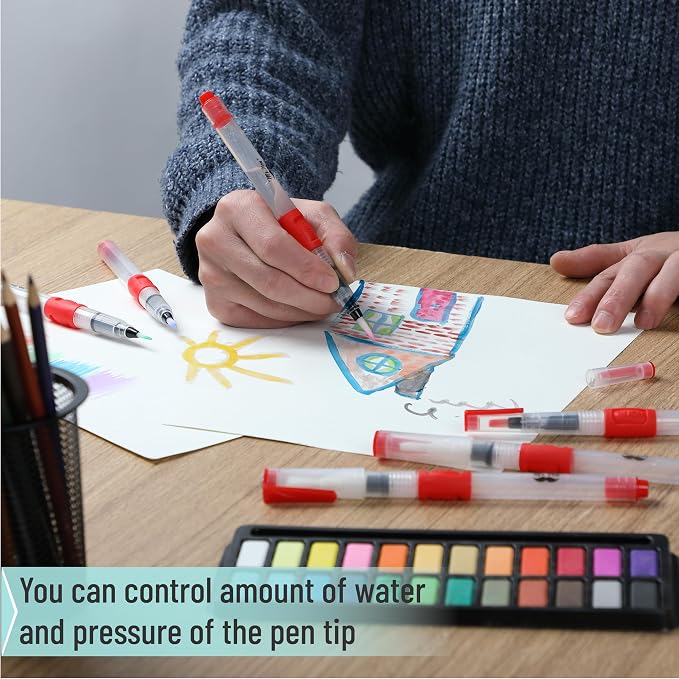Mr. Pen- Watercolor Brush Pens, 6 pcs | 3 x Point Tips and 3 x Flat Tips Styles, Nylon Bristles, Refillable Watercolor Pens for Acrylic, Gouache, Crayons