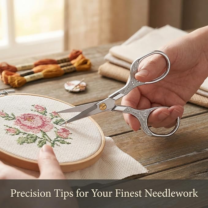 Silver Stainless Steel Scissors with Leather Cover, 5" Sharp Embroidery Scissors for Precise Cutting, Ultra-Sharp Vintage Needlepoint Snips for Yarn, Fabric & Crafts, Professional Metal Crafting Tool