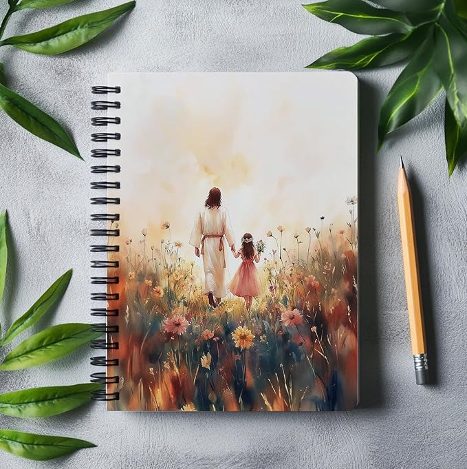 Christian Notebook – Jesus and Little Girl in Floral Field – Inspirational Faith Journal with Sunset Art – Lined Spiral Diary for Women & Girls, Spiral Bound 5.5x8.3 Inches