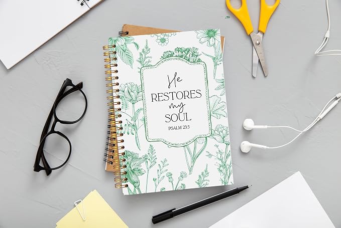 Christian Notebook for Women, Christian Gifts Journal, Prayer Journal for Women, Bible Journaling Notebook, PSALM 23:3 He Restores My Soul Floral Spiral Notebook 5.5x8.3