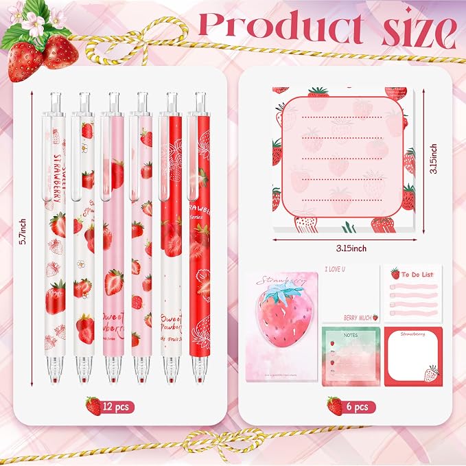 Sabary 18 Pcs Stationery Set, 12 Aesthetic Pens & 6 Sticky Notes, Valentines Gifts, Baby Shower Party, Cute Office School Supplies, Gifts for Women Students Nurses Teachers Coworker(Strawberry)