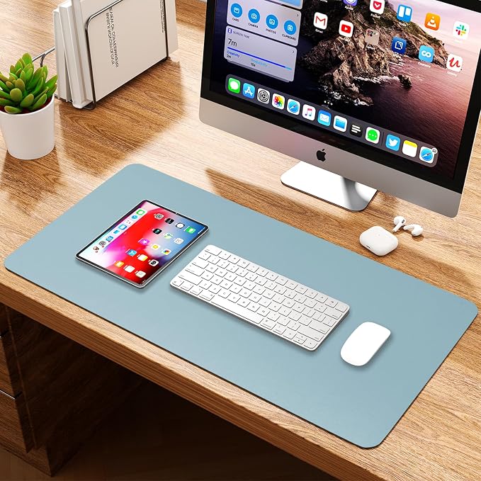 Leather Desk Pad Protector, Waterproof Mouse Pad, PU Desk Mat, Office Desk Cover, Desk Writing Mat for Office/Home/Work/Cubicle (Light Blue) 35.4x17 in