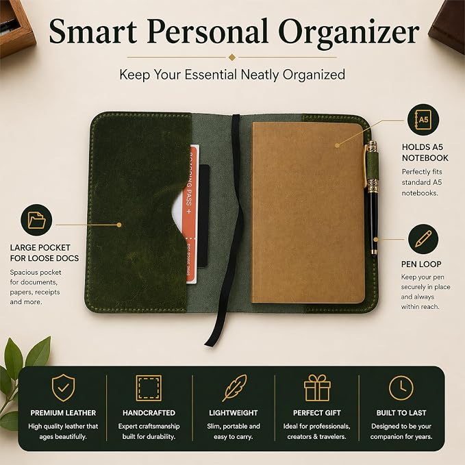 Premium Leather Journal Cover A5 – Handmade Refillable Notebook Cover Sleeve with Pen Holder for Writing, Travel & Business Use 5.75 x 8.25 (Green)