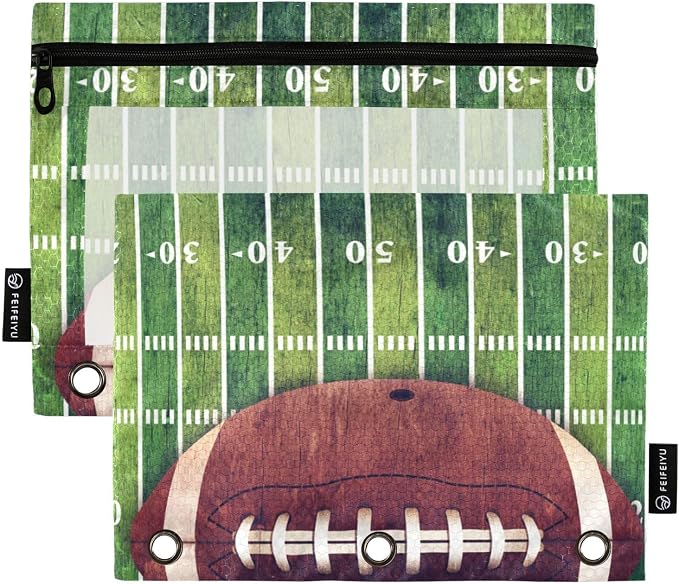 Football Green Print Pencil Pouch for 3 Ring Binder 2 Pack Binder Pencil Case with Clear Window Pencils Bags with Zipper for Office Daily College Home Supplies