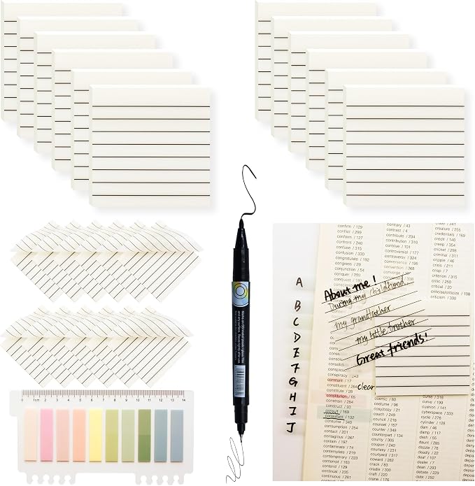 YOUDEFUL 800Pcs Transparent Sticky Notes, White Clear Sticky Notes with Lined, 3"x3" Waterproof Translucent Sticky Note Pads, Index Tabs, Clear Post it Notes for Bible Study, See Through Sticky Notes