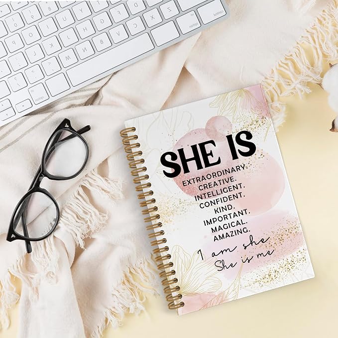 Pink She Is Inspirational Spiral Notebook, Positive Affirmations Journal Notebook, Self Care Pink Abstract Notebooks for School Work, Motivational Office Supplies Gifts for Women, 5.5x8.3 Ines