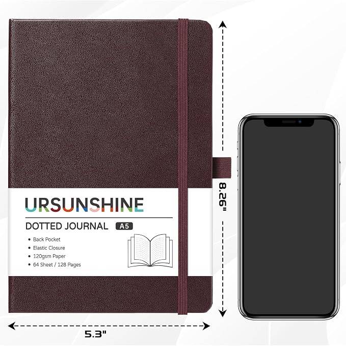Dotted Journal/Notebook - Dot Grid Hard Cover Notebook, Premium Thick Paper with Fine Inner Pocket, Black Smooth Faux Leather, Pen Loop, 5.3'' x 8.26'' - Brown