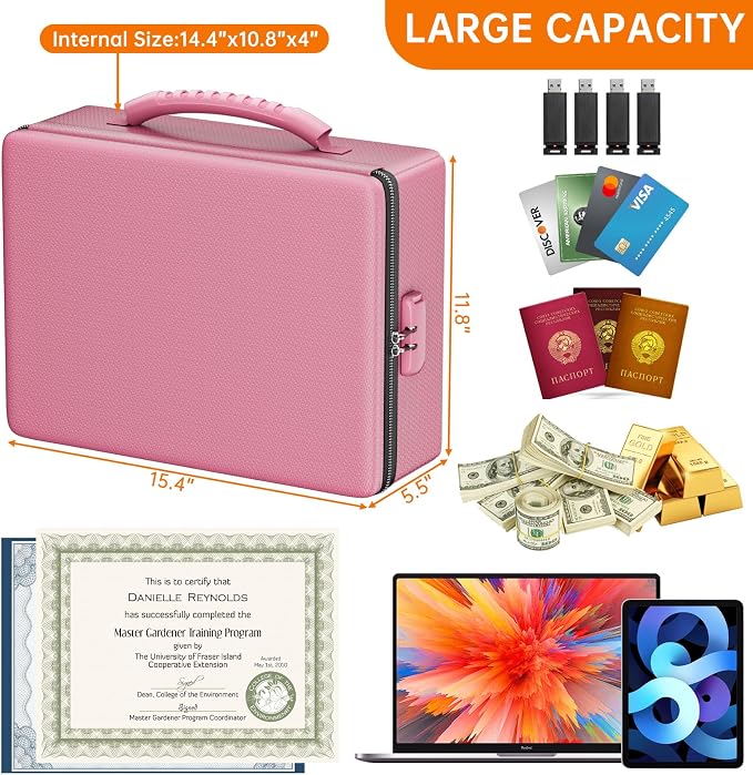 ENGPOW Fireproof Document Box with Lock & Heat-Resistant Fireproof Zipper | 6400°F 12-Layer Fire Protection, Hard File Organizer with Pockets, Portable Home Chest Safe Storage for Money,Jewelry, Pink