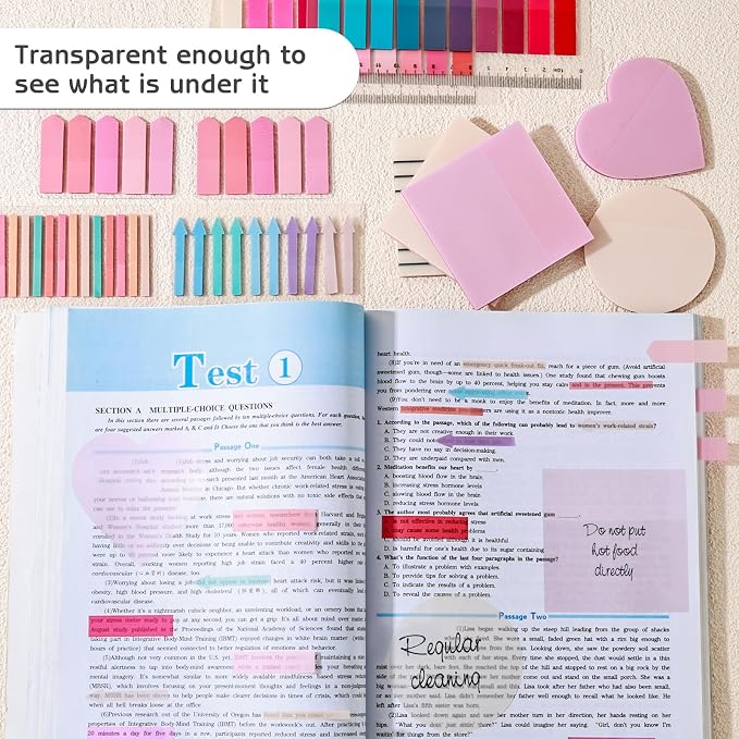 1450 Sheets Transparent Sticky Notes, 3 x 3 inch Aesthetic Clear Lined Sticky Notes with Pen, Gradient Color Waterproof Self-Adhesive Annotation Tabs for Bible Journaling (Pink)