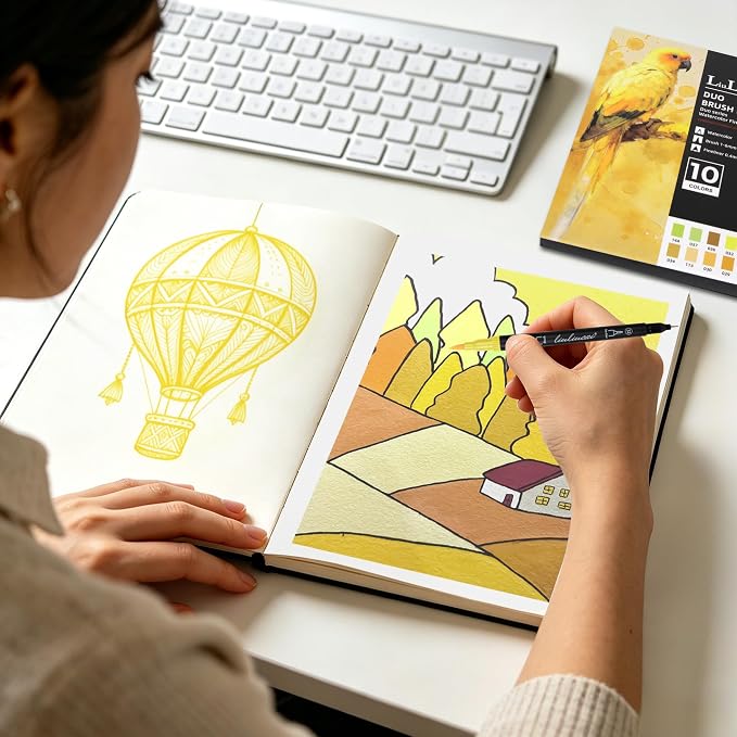 LIULIUCAI 10 Yellow Dual Markers, Fine & Brush Tip Pen for Adult Coloring | Yellow Markers, Drawing Pen for Sunflower, Fall Art, Highlights, Hand Lettering & Warm Accents, No Bleeding