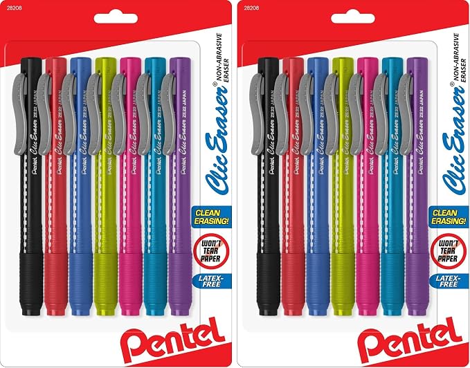 Pentel Clic Retractable Eraser, Assorted Colored Pen Style Grip Erasers, Pack of 14