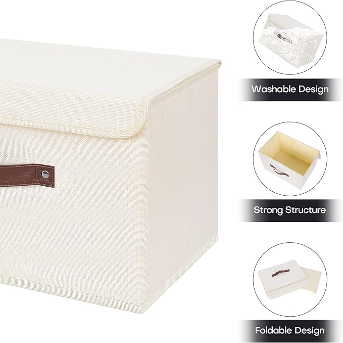 ANMINY 4PCS Storage Bin with Lid Storage Boxes with PU Leather Handles PP Plastic Board Decorative Foldable Lidded Cotton Linen Fabric Home Cubes Baskets Closet Organizer Container - Beige, Medium
