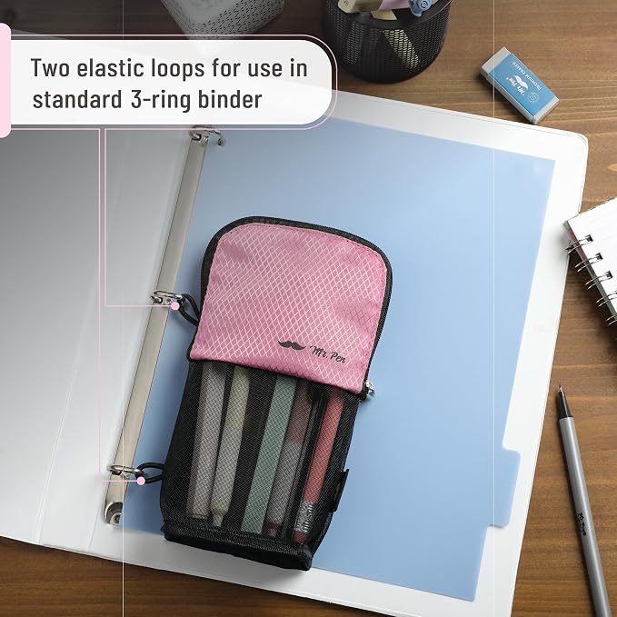 Mr. Pen- Standing Pencil Case Pouch, Sit & Lay Mesh-View Design | Black & Pink, Interior Pocket & 2 Elastic Binder Loops, Cute Pencil Case for Girls and Boys