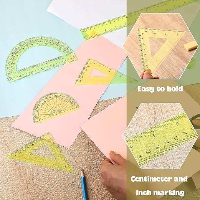 Zonon 7‑Piece Geometry Set with Drawing Compass, 6 & 4 Inch Protractors, Triangle Rulers and Straight Rulers, Transparent Math Drafting Supplies for Back to School, Students and Office Use(Yellow)