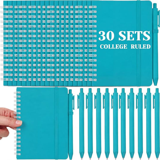 Fulmoon 30 Set Small Spiral Notebooks A6 with Pens Bulk, Multicolor 4" x 6" Pocket Notebooks Mini Lined Journals 50 Sheets for Back to School Supplies Students Rewards Office Gifts (Teal Blue)