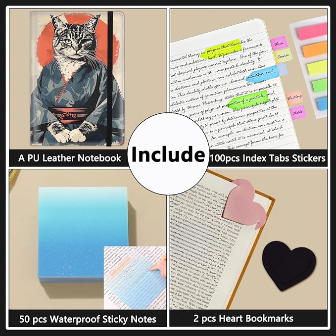 A5 Leather Lined Journal Notebook, 200 Pages Hardcover Executive Notebook for Men Women Office School Note Taking, Thick Writing Paper Daily Journal with Bookmarks/Indexes,Cat Samurai