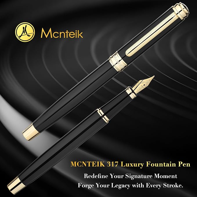 MCNTEIK 317 Fountain Pen,Stunning Luxury Black Piano Lacquer,18K Gilded Nib(Fine),Gorgeous 24K Gold Finish, Ink Converter,Fancy Gift for Men&Women-Elegant,Executive,Office,Nice Pens for Writing