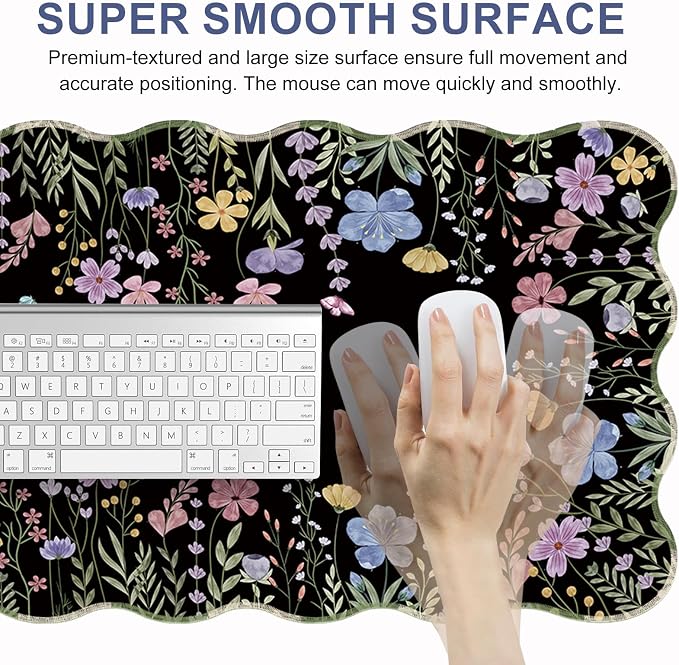 L-SPOUTTO Floral Mouse Pad,Botanical Desk Mat XXL Large Scalloped Black Gaming Mousepad,35.4x15.7in Non-Slip Rubber Base Keyboard Pad Waterproof Desktop Mat for Laptop Computer Game Home Office-Flower