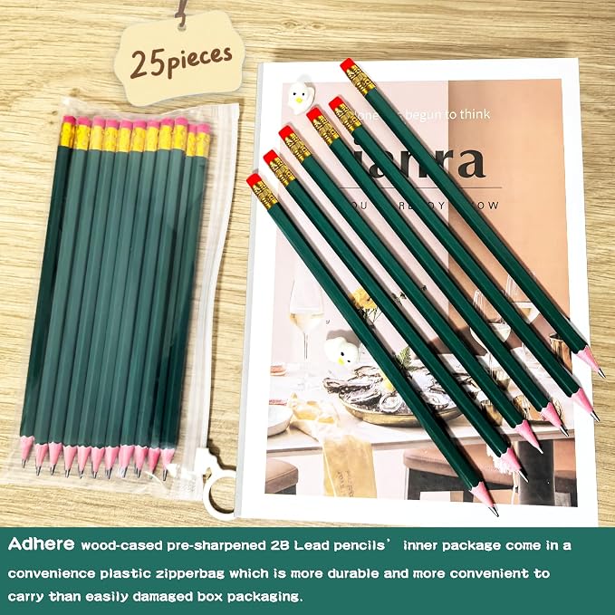 Adhere 25pcs Woodcase Pencils with Eraser Premium Pre-Sharpened Hexagon Graphite 2B pencils ideal for home, office writing including a Free Sharpener.(Dark Green)