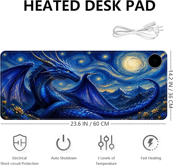 Large Heated Mouse Pad–23.6" x 14.2" Desk Mat for Office | 3 Adjustable Heat Levels,Auto Shut-Off After 3 Hours for Safety,Keeps Hands Warm While Working，Blue Dragon Starry Sky