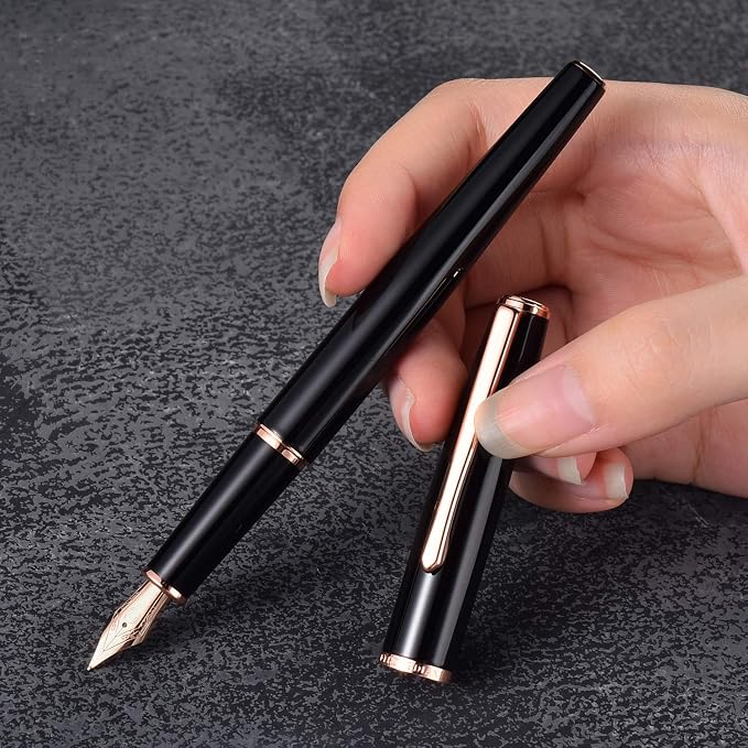 HongDian 920 Black Metal Fountain Pen, Rose Gold Plated Fine Nib Smooth Writing Pen, Classic Pen with Ink Converter
