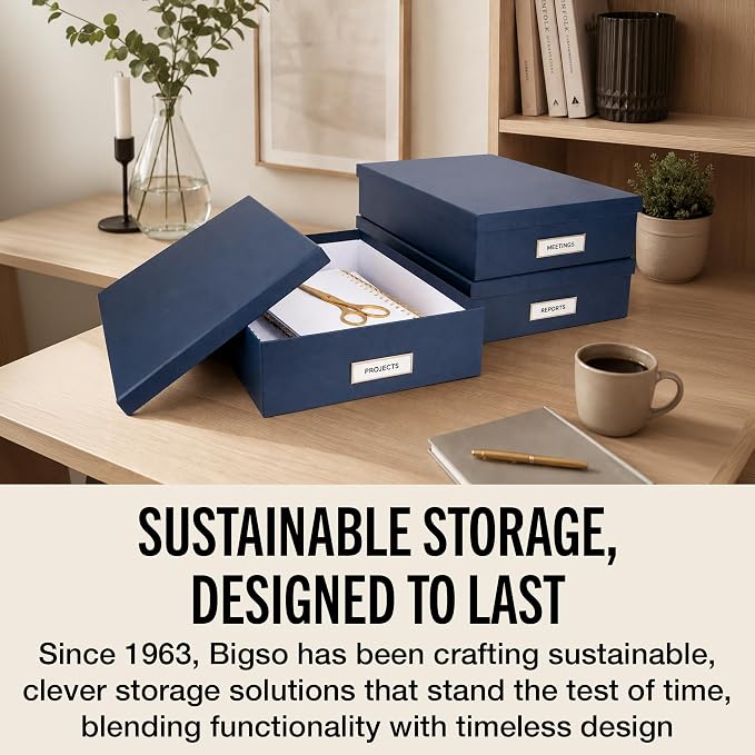 Bigso Oskar Fiberboard Label Frame Document Letter Box - File Organizer Box for Important Paperwork - Document Storage with a Lid & Metal Label Window - 3.3 in x 10.2 in x 13.8 in - Dark Blue