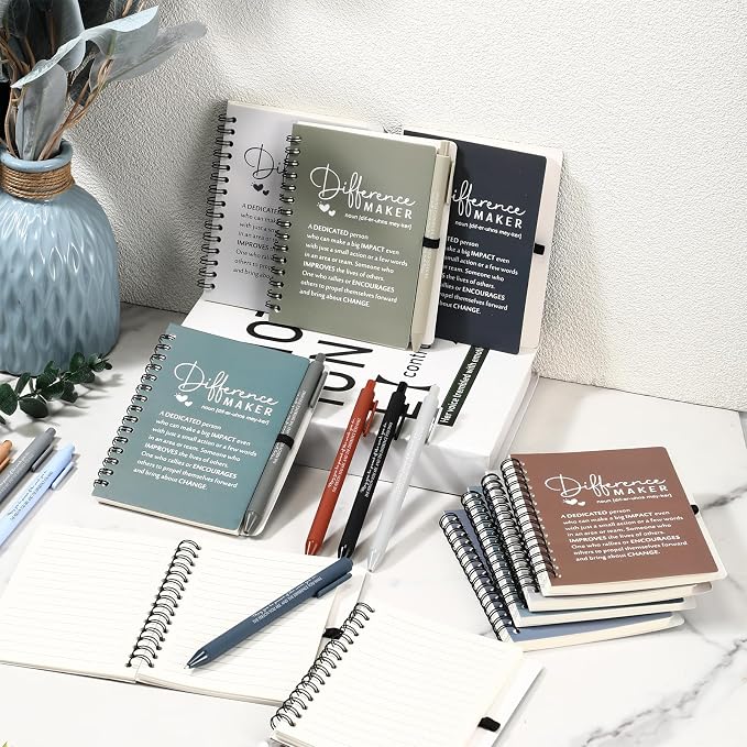 Resurhang 10 Sets Difference Maker Employee Appreciation Gift Bulk Inspirational A6 Spiral Notebook Journal Ballpoint Pens for Teacher Volunteer Coworker Team Back to School (Neutral Colors)
