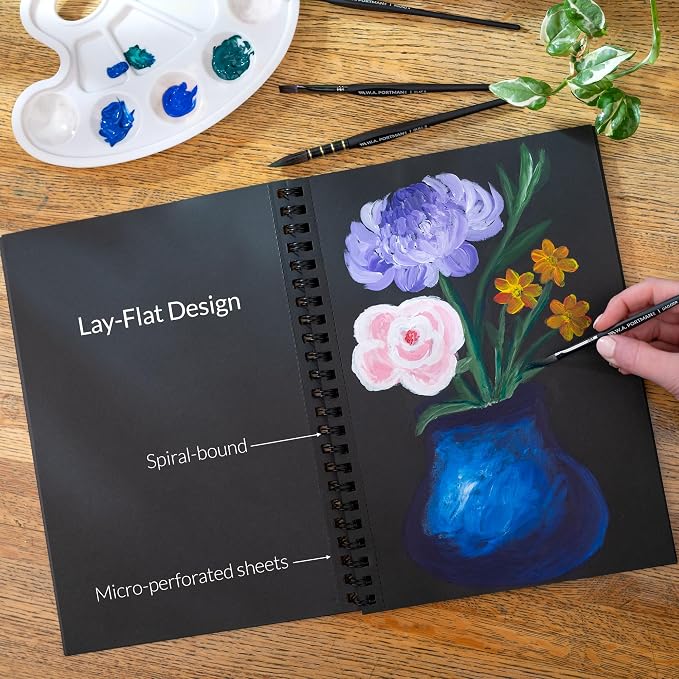 WA Portman Black Paper Sketchbook A4 (8.3" x 11.7") – 140 GSM Acid-Free Black Paper Notebook, 60 Pages (30 Sheets) Spiral Scrapbook Journal, Mixed Media Sketch Drawing Pad for Kids & Adults