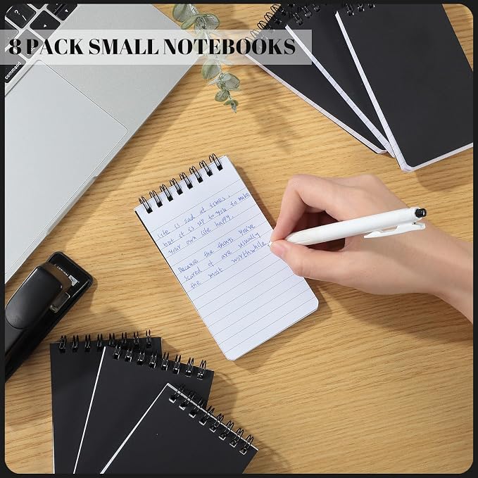Thboxes 8 Pack Pocket Notebooks, 3 x 5 Spiral Notepads Mini Notebook 60 Sheets/120 Pages Small Notepads with Lined Pages Memo Pads for School College Office Home (Black)