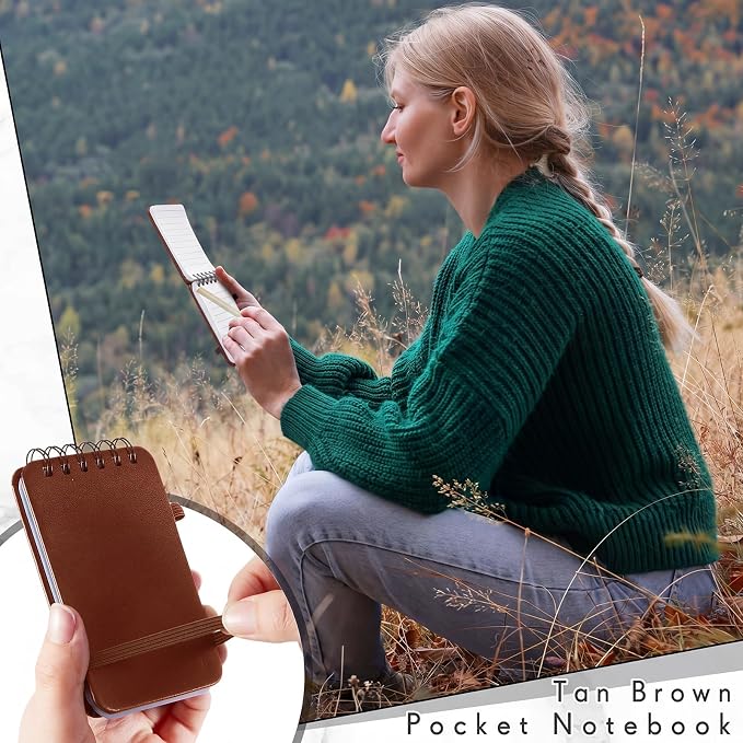 Qeeenar 4 Pack Small Pocket Notebook 2.5 x 4 Inch, Brown Leather Hardcover Top Spiral Mini Journal with Elastic Band, 50 Sheets Tiny Memo Pad for Travel Purse Work Daily Notes