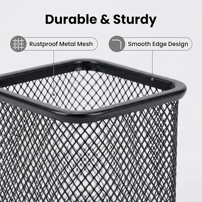 Pen Holder Pencil Holder Metal Pen Holder Cup Pencil Holder for Desk Office Pen Pencil Organizer for Desk Black, Square 4 Pack