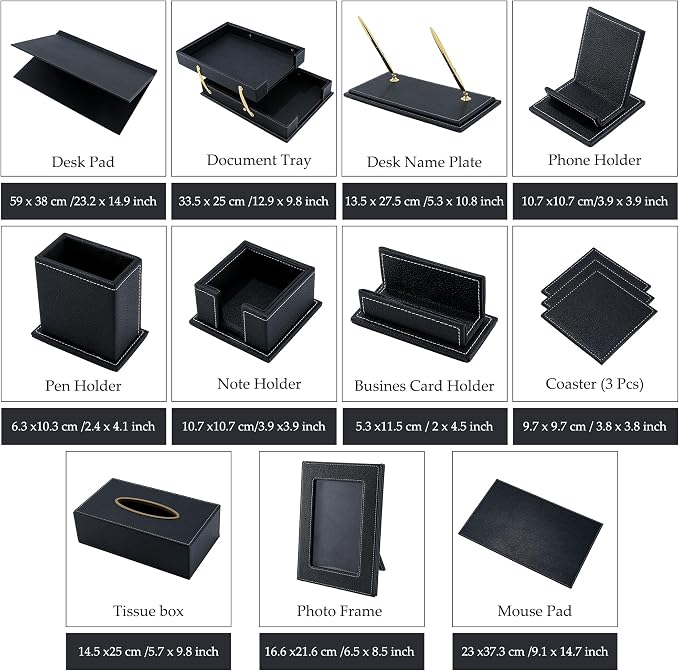 Leather Desk Set, 13-Piece All-in-One – Executive Desk Accessories & Office Supplies, Desk Organizer with Desk Pad & Blotter, 2-Tier Letter Tray, Luxury Office Desk Decor & Boss Gifts (Black)