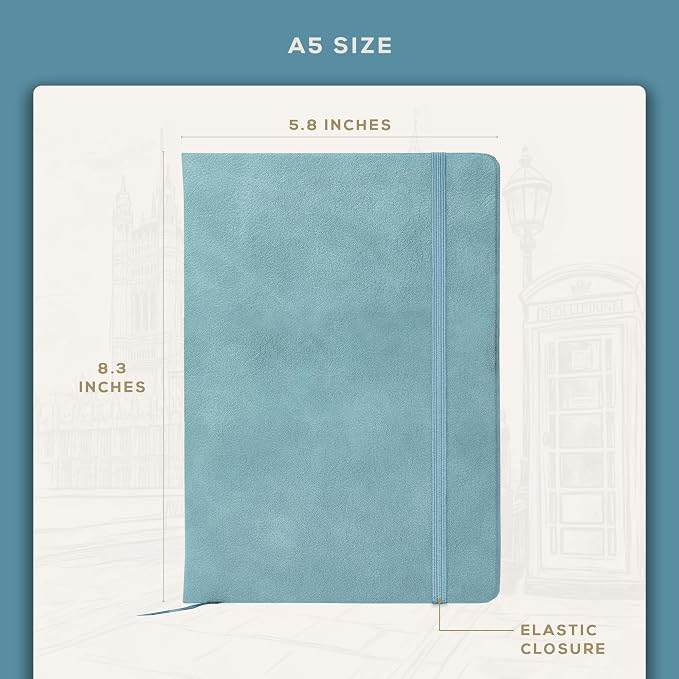 BEECHMORE BOOKS Premium Lined Leather Journal for Men & Women, 5" x 8" (A5) Thick 120gsm Ivory Cream Paper Notebook, Hardcover Vegan Leather Personal Diary, With Gift Box (Arctic Teal)