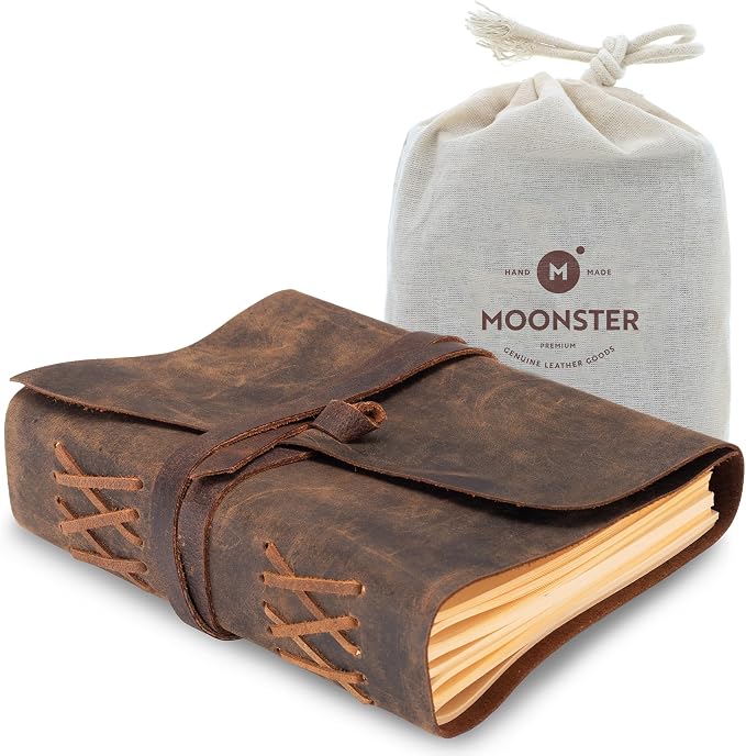 Leather Journal Lined Notebook Paper - MOONSTER® Leather Bound Journals for Writing for Women and Men, 8"x6" Ruled Large Notebooks, Kraft Paper with 400 pages - Non Refillable Lined Paper College Ruled & Travel Size