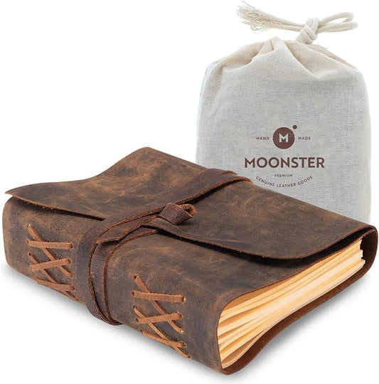 Leather Journal Lined Notebook Paper - MOONSTER® Leather Bound Journals for Writing for Women and Men, 8"x6" Ruled Large Notebooks, Kraft Paper with 400 pages - Non Refillable Lined Paper College Ruled & Travel Size