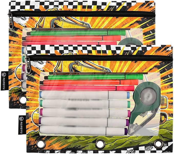 Gredecor 3 Ring Binder Pencil Pouch, Yellow Excavator Pop Zippered Pen Case Pouches with Clear Window, 2 Pack Stylish Office & School Supplie