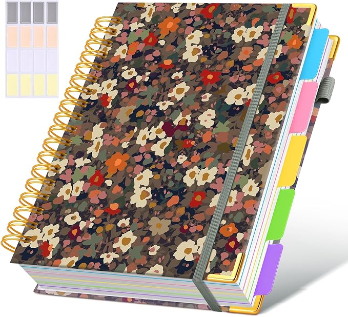 Hardcover Spiral Notebook Journal with Removable Dividers Tabs, 300 Pages 5 Subject Notebook College Ruled, 8"x10" Large B5 Notebooks for Work School Note taking, Journal for Women, Flower