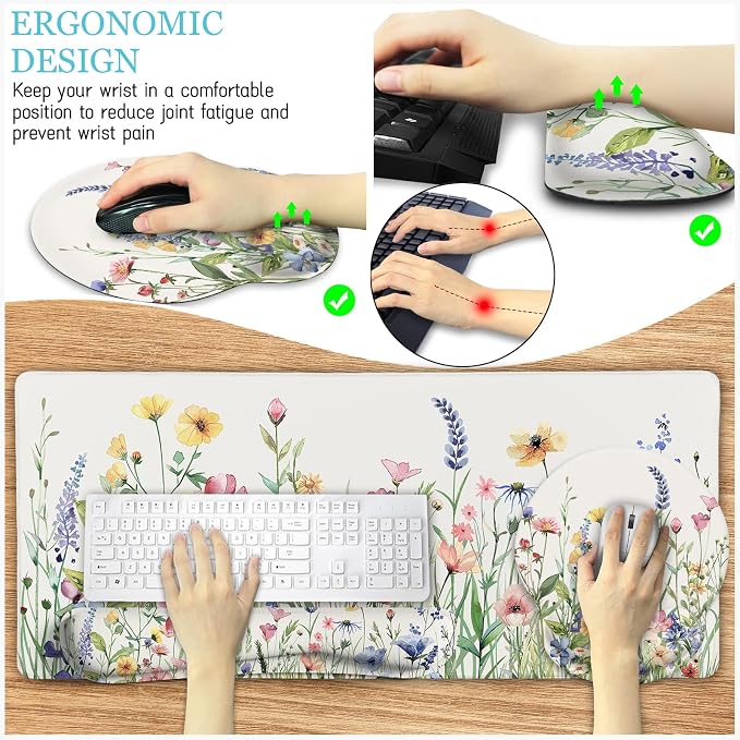 LIMKRIAN Flower Mouse Pad Set Floral Large Desk Matt for Desktop | Ergonomic Mouse Pad with Wrist Rest, Computer Gaming Wrist Support Keyboard Mat, Coaster, Cute Office Desk Decor Accessories