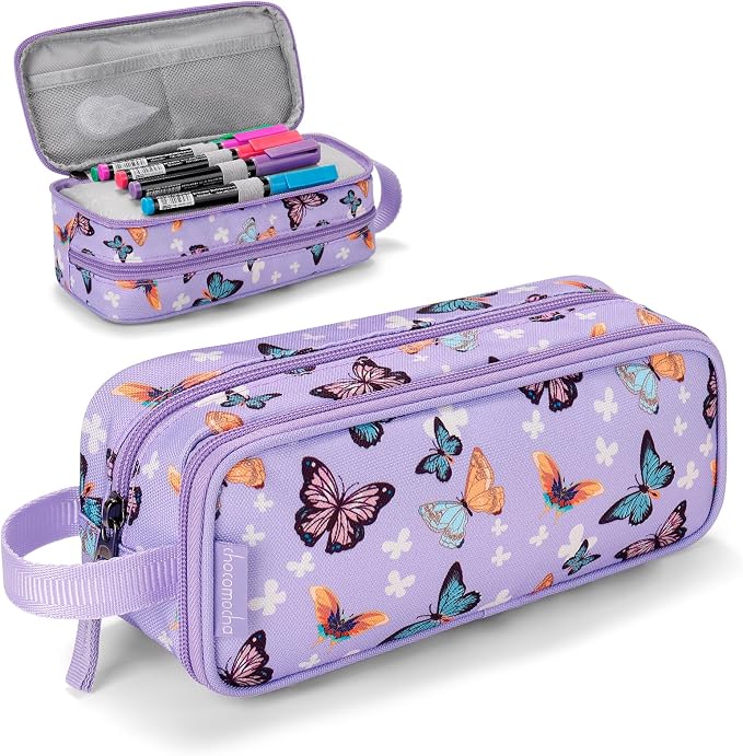 Choco Mocha Girls Pencil Case for Kids, Soft Large Zipper Pencil Pouch for Kids with 2 Compartments Girls Pencil Case for School Butterfly Pencil Bag, Purple