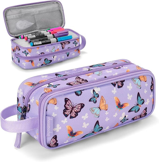 Choco Mocha Girls Pencil Case for Kids, Soft Large Zipper Pencil Pouch for Kids with 2 Compartments Girls Pencil Case for School Butterfly Pencil Bag, Purple