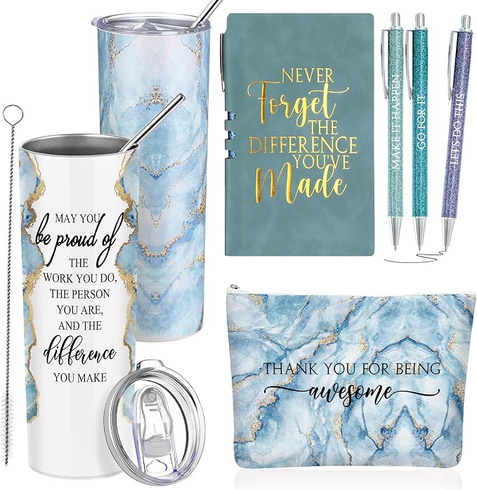 Domensi 6 Pcs Employee Appreciation Gift Set for Women Female Thank You Gift May You Be Proud 20 oz Rustic Marble Sign Tumbler Makeup Bag Journal for Boss Teacher Work Business(Blue)
