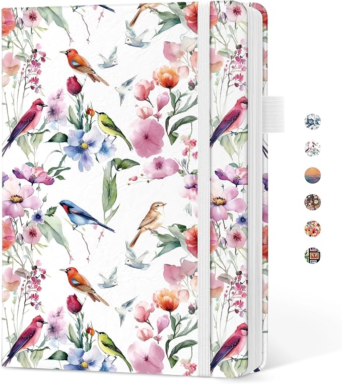 Taja Pretty Lined Journal for Women, Aesthetic Cute Hardcover Leather Journal for Writing, A5 College Ruled Notebook for Work & Note Taking, Perfect for Office School Home, 160 Pages, Songbird Bloom