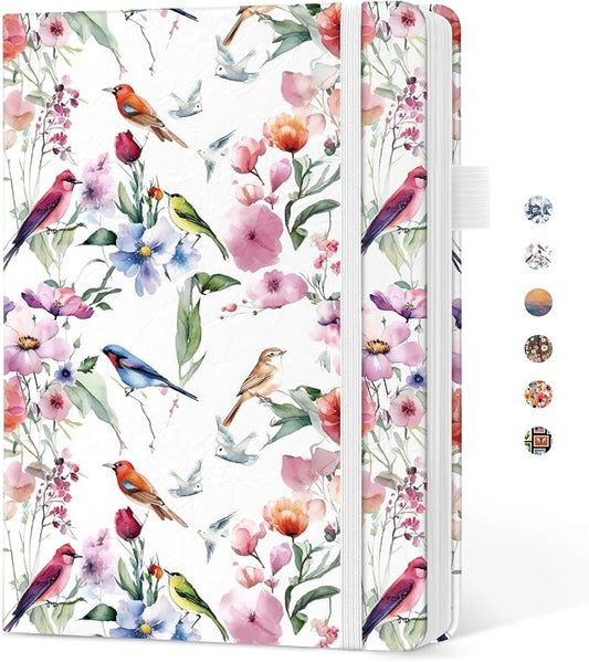Taja Pretty Lined Journal for Women, Aesthetic Cute Hardcover Leather Journal for Writing, A5 College Ruled Notebook for Work & Note Taking, Perfect for Office School Home, 160 Pages, Songbird Bloom