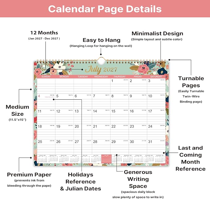 2027 Calendar - 2027 Wall Calendar, Jan.2027 - Dec.2027, 15" x 11.5" | 2027 Wall Calendar 12 Month, Twin-Wire Binding, Julian Dates, Large Block, Notes, To-do List, Thick Paper - Floral