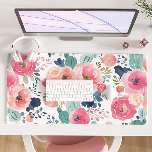 Colorful Star Large Mouse Pad, Pink Floral Desk Mat for Desktop, Women Girls Flowers PU Leather Waterproof Desk Pad, Computer PC Laptop Protector Gaming Mouse Pads for School Office Home 31.5" x 15.7"