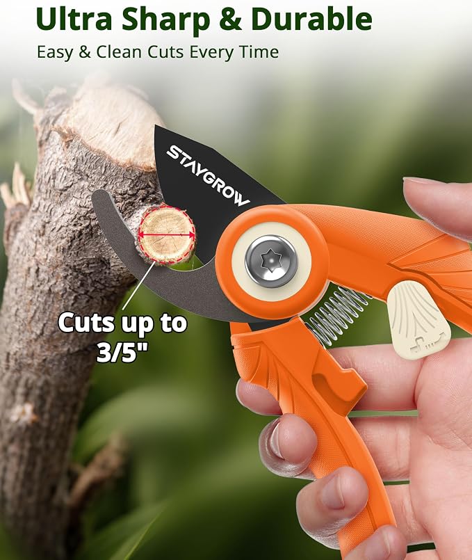 Garden Shears 6.9" Pruning Shears for Gardening Orange | Garden Clippers Gardening Scissors with Rust Resistant SK5 Stainless Steel Blade,Cuts 3X Easier,Weak Hand Arthritis Pruners