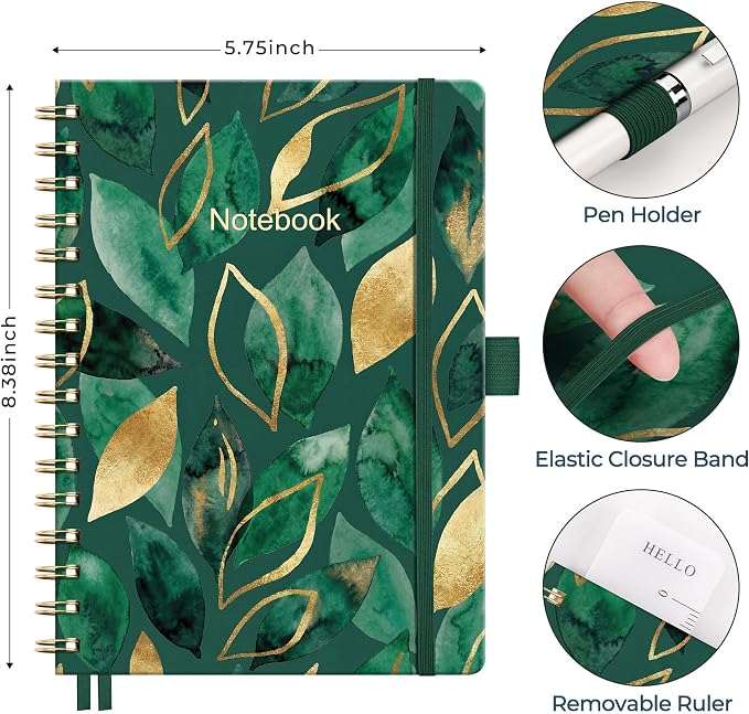 AHGXG Spiral Journal Notebook, 160 Lined Pages, A5 Medium Size (5.7'' x 8.3''), for Men & Women, Journaling, Writing, Work & Office, Hardcover, 100 GSM Thick Paper (Golden Emerald Leaves)