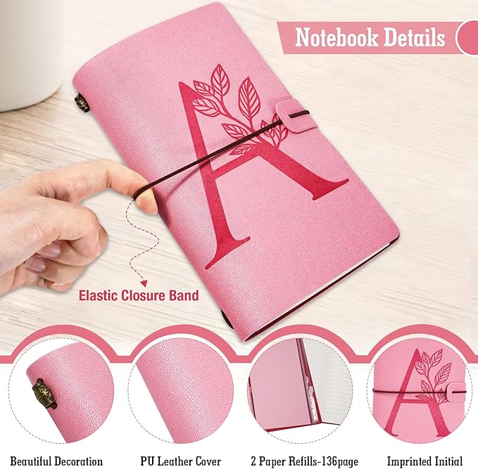 Personalized Journal Gift-Pink Initial Leather Journal+Heart Diamond Pen Set,Travel Notebook Diary Gifts,Refillable Notepads,Christmas,Birthday Gifts for Women Girls (7.9"x4.7") (A)