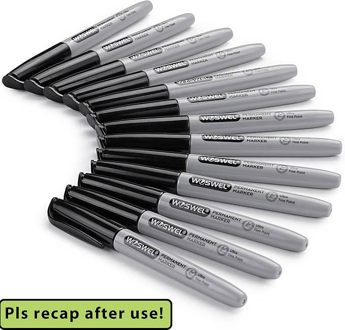 WOSWEL Ultra Fine Permanent Marker Bulk,24 Pack Ultra Fine Point Black Permanent Marker set, Felt Tip Pens Works on Plastic, Wood, Stone, Metal and Glass for Doodling, Marking