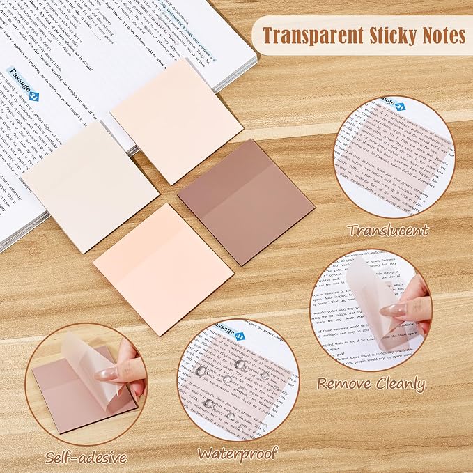 BAYTORY 500 Sheets Transparent Sticky Notes, 3 x 3 Inch Colored Memo Pads | Self-Stick Notes, Waterproof See Through, for Office & School Study Supplies